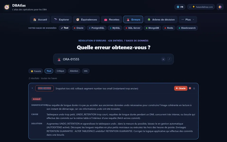 Module de résolution d’erreurs de DBAtlas affichant ORA-01555 avec sa signification, sa cause et sa correction