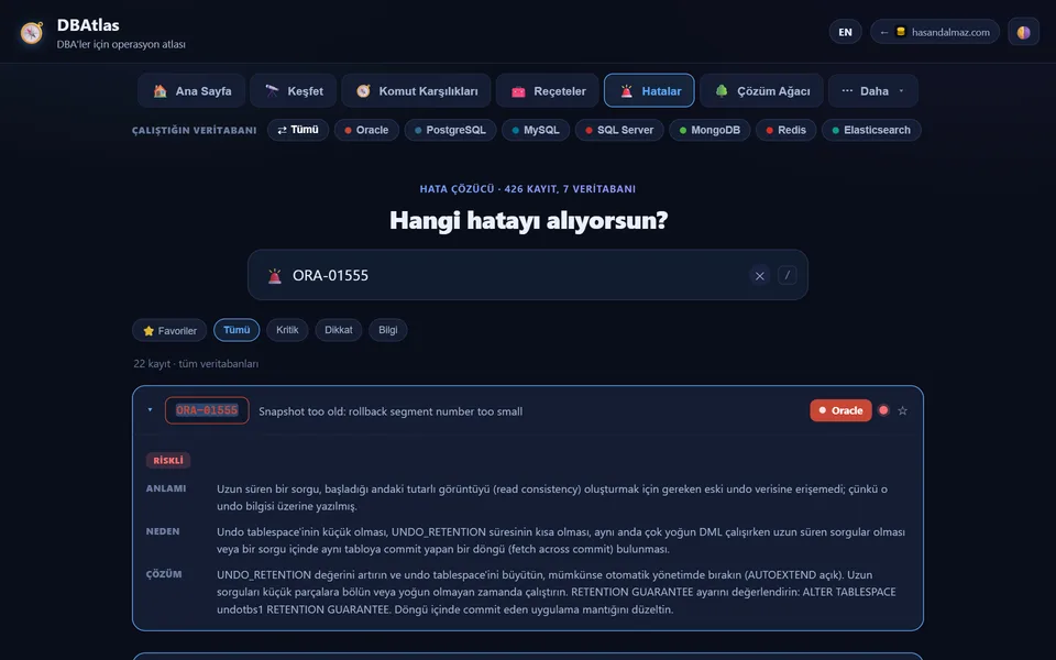 DBAtlas hata çözücüde ORA-01555 kaydı: anlamı, nedeni ve çözümü