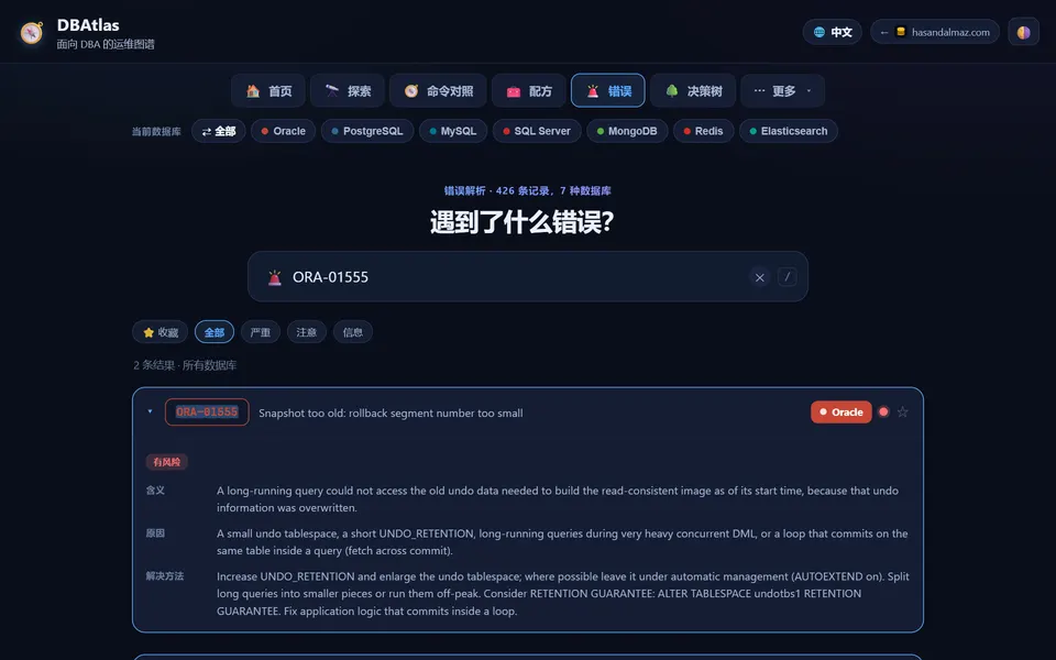 DBAtlas 错误解析器显示 ORA-01555 的含义、原因和解决方法